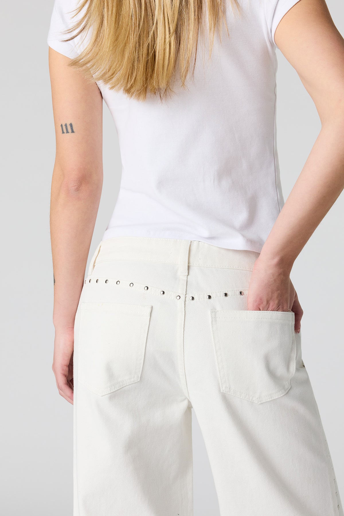 Alt View 4. Low Rise Baggy Jean with Studded Trim - White