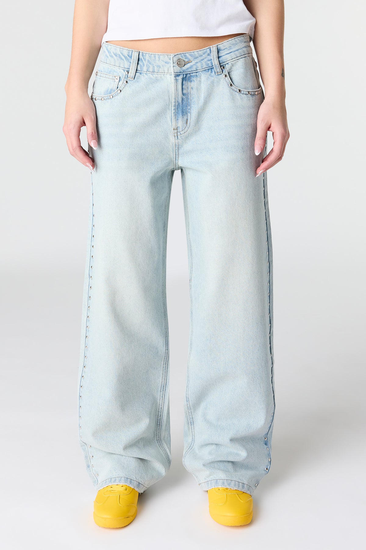 Alt View 2. Low Rise Baggy Jean with Studded Trim - Light Denim Blue