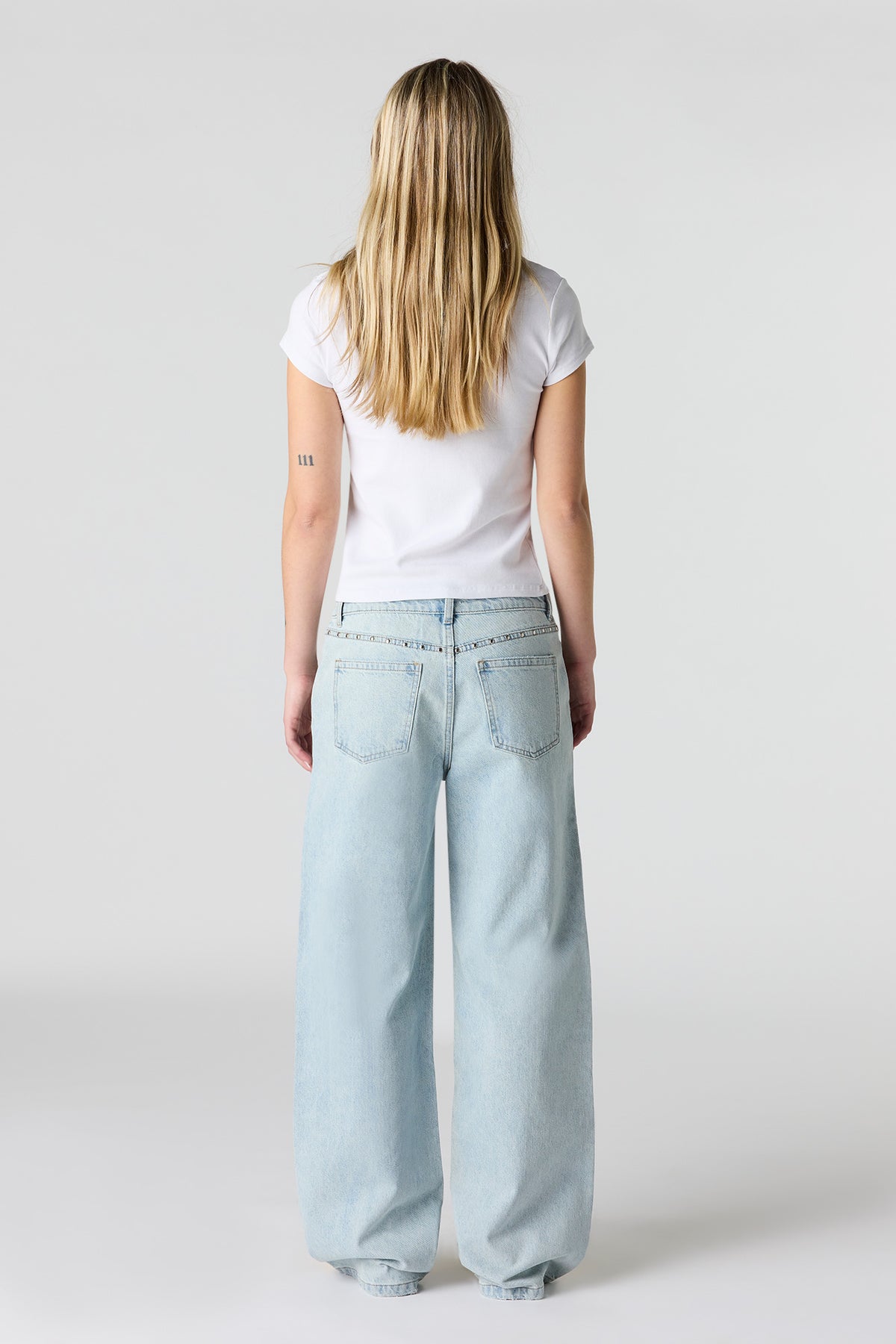 Alt View 3. Low Rise Baggy Jean with Studded Trim - Light Denim Blue