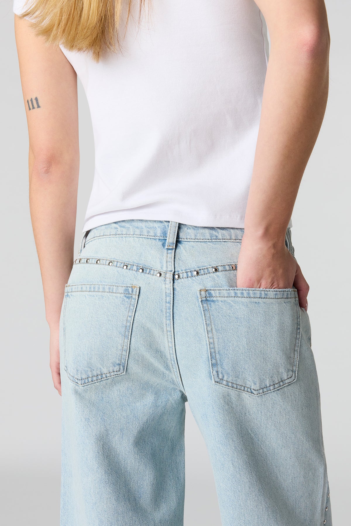 Alt View 4. Low Rise Baggy Jean with Studded Trim - Light Denim Blue