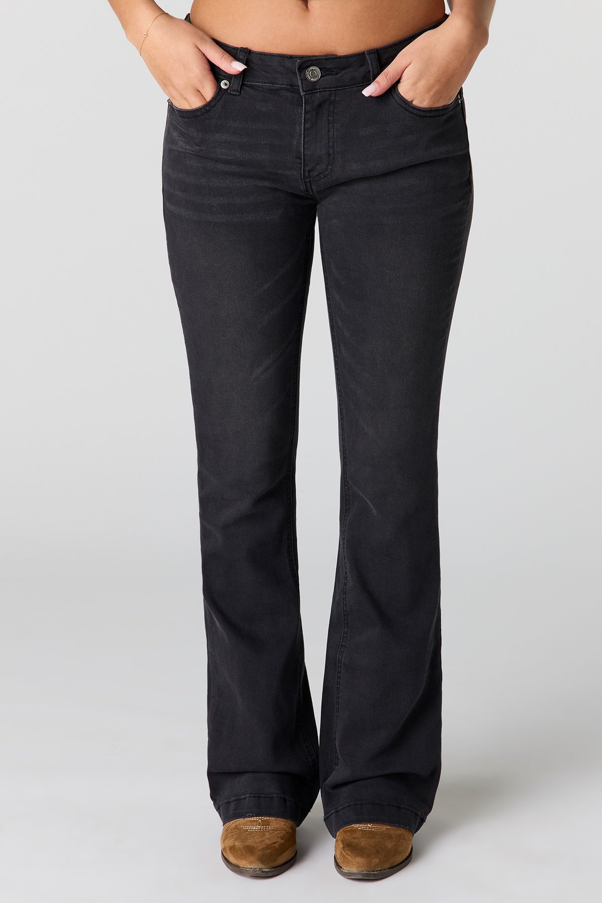Alt View 2. Stretch Low Rise Embroidered Pocket Flare Jean - Black