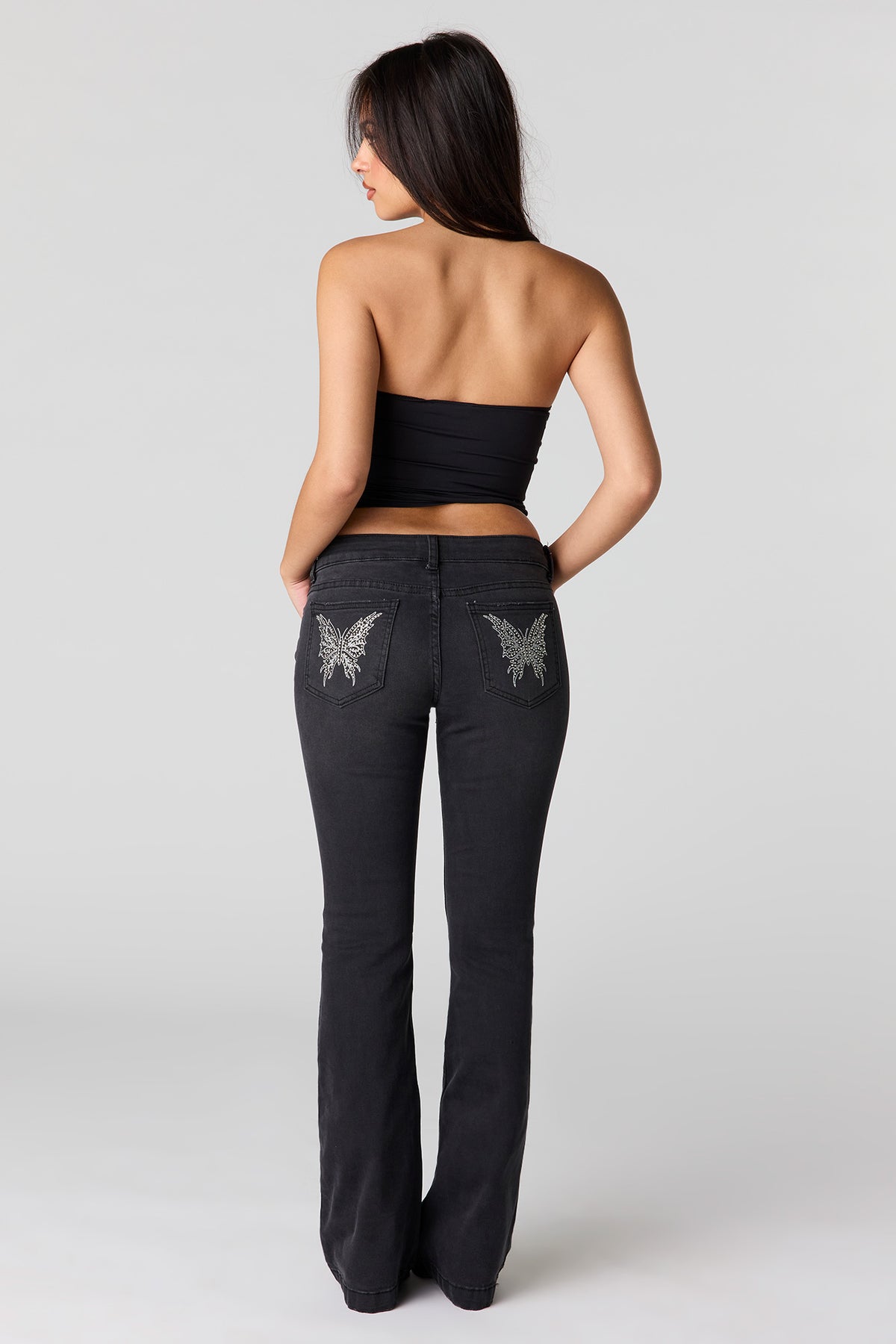 Stretch Low Rise Embroidered Pocket Flare Jean - Black