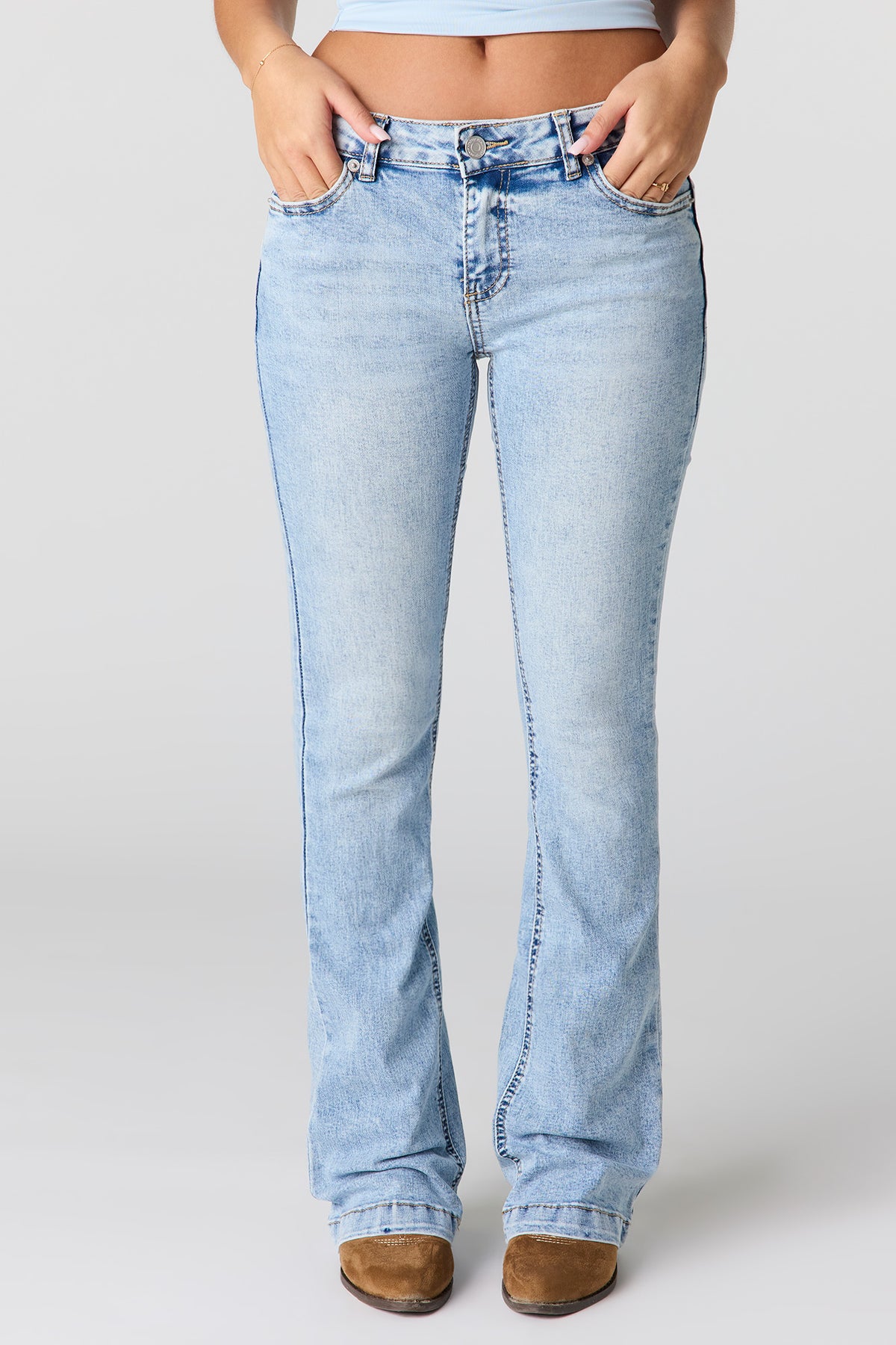 Alt View 2. Stretch Low Rise Embroidered Pocket Flare Jean - Light Denim Blue