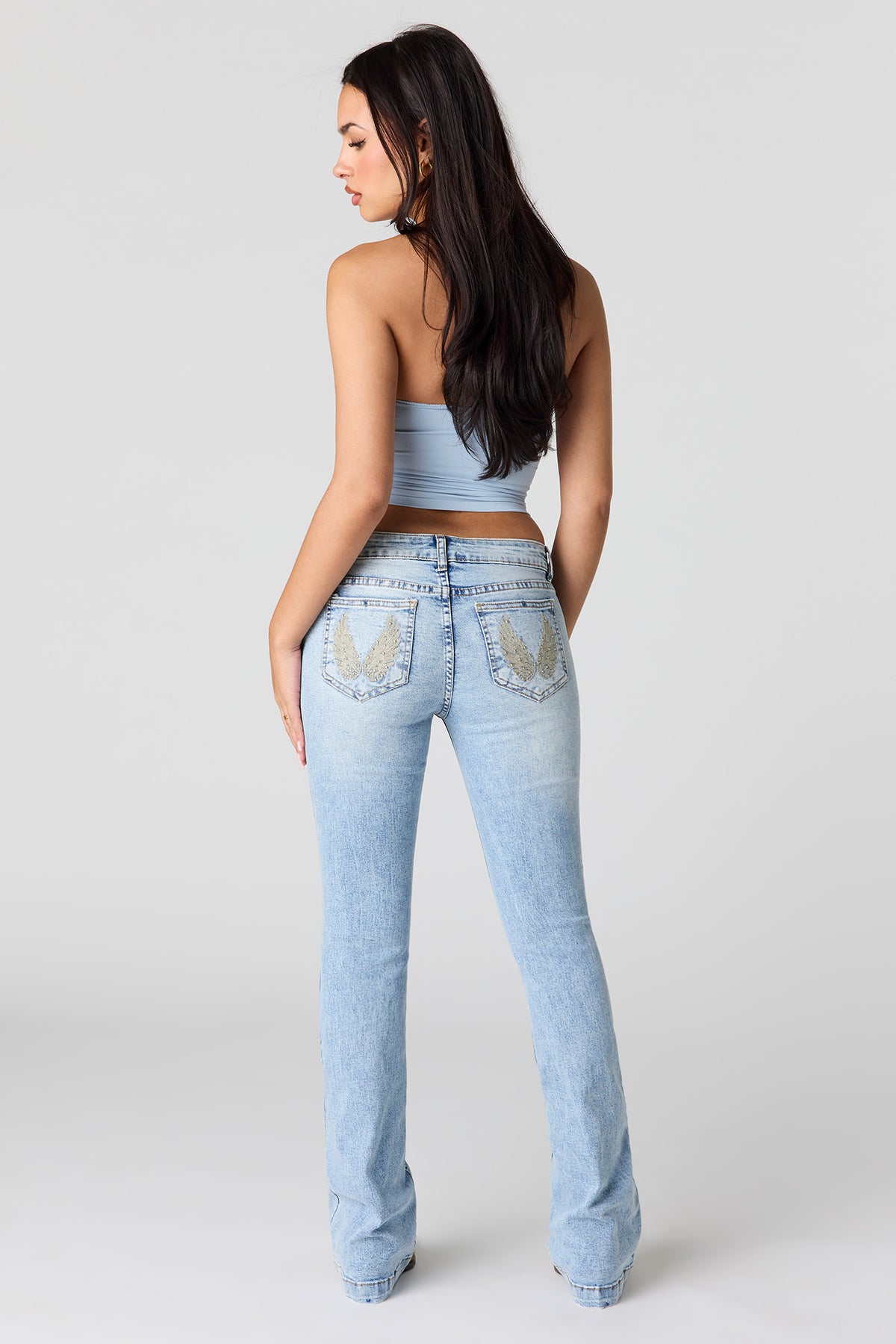 Stretch Low Rise Embroidered Pocket Flare Jean - Light Denim Blue