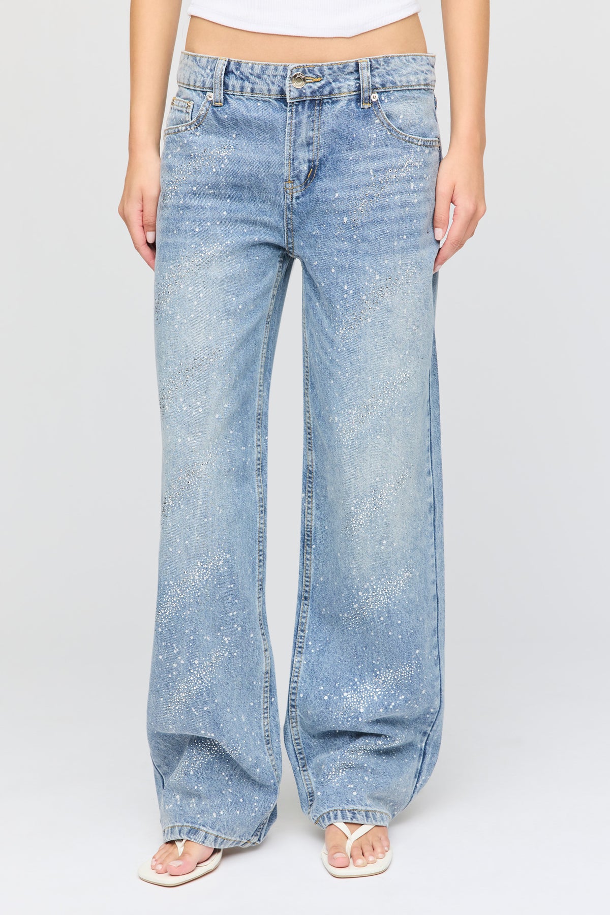 Alt View 2. Brooklyn Low Rise Rhinestone Baggy Jean - Medium Blue