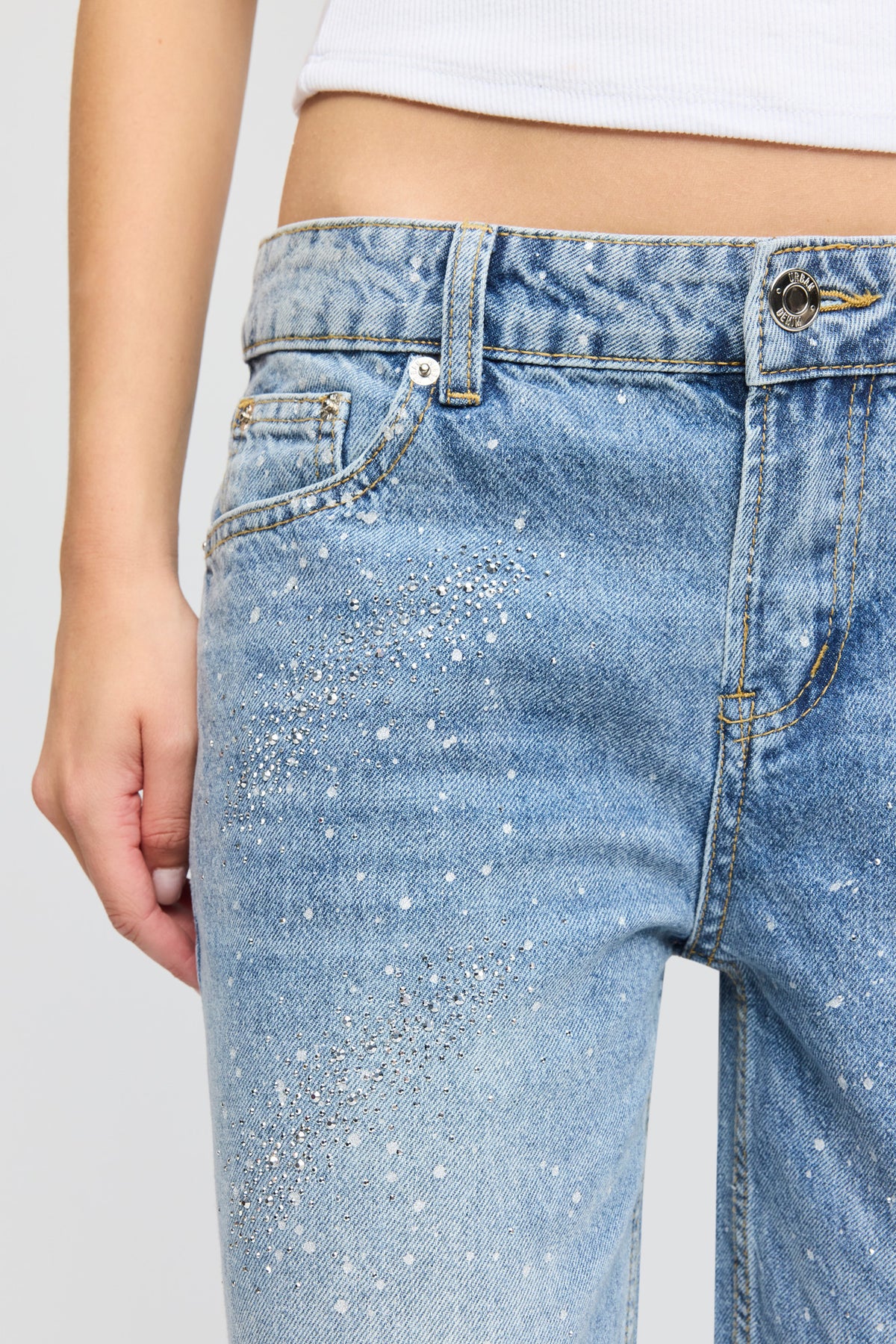 Alt View 4. Brooklyn Low Rise Rhinestone Baggy Jean - Medium Blue