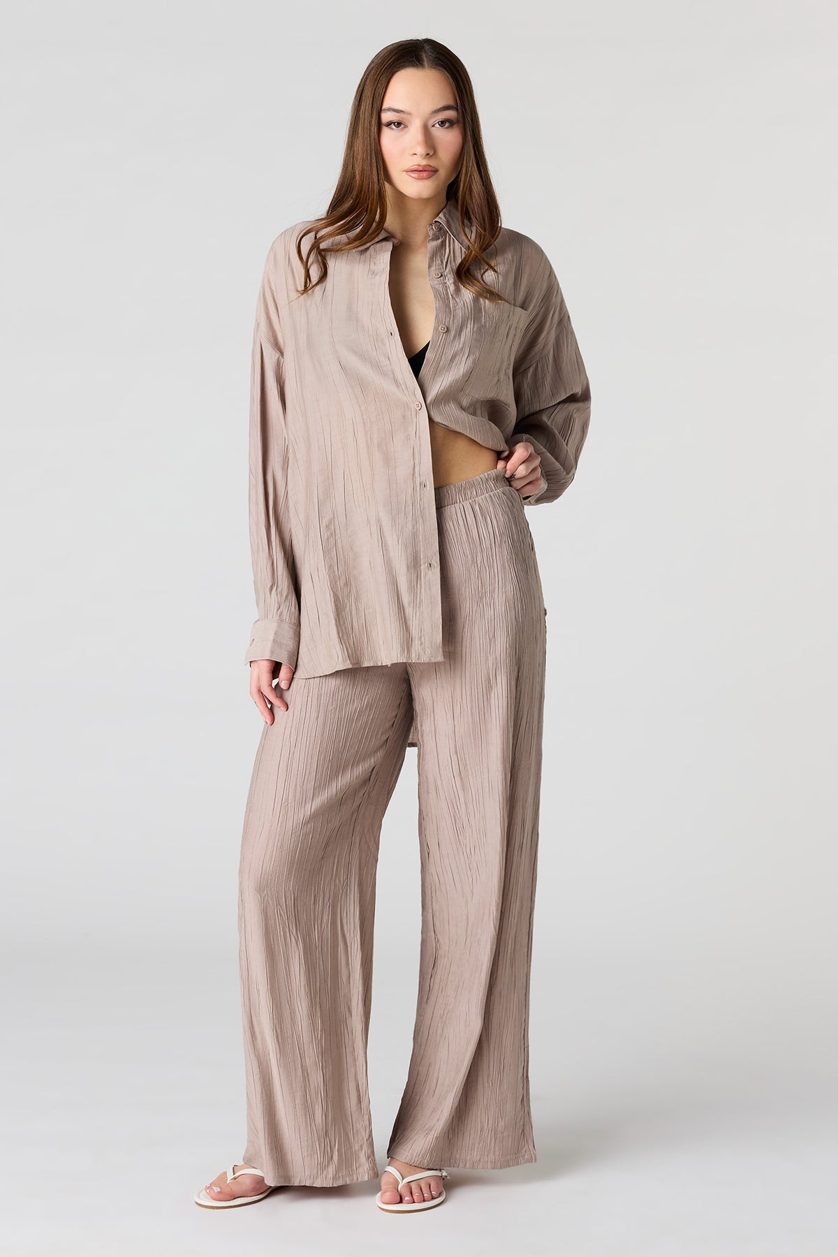 Pantalon fluide texturé à jambe large et taille coulissante
