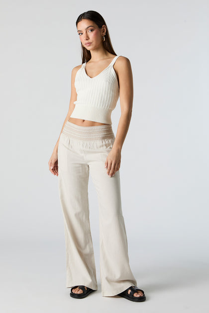 Linen Embroidered Smocked Palazzo Pant