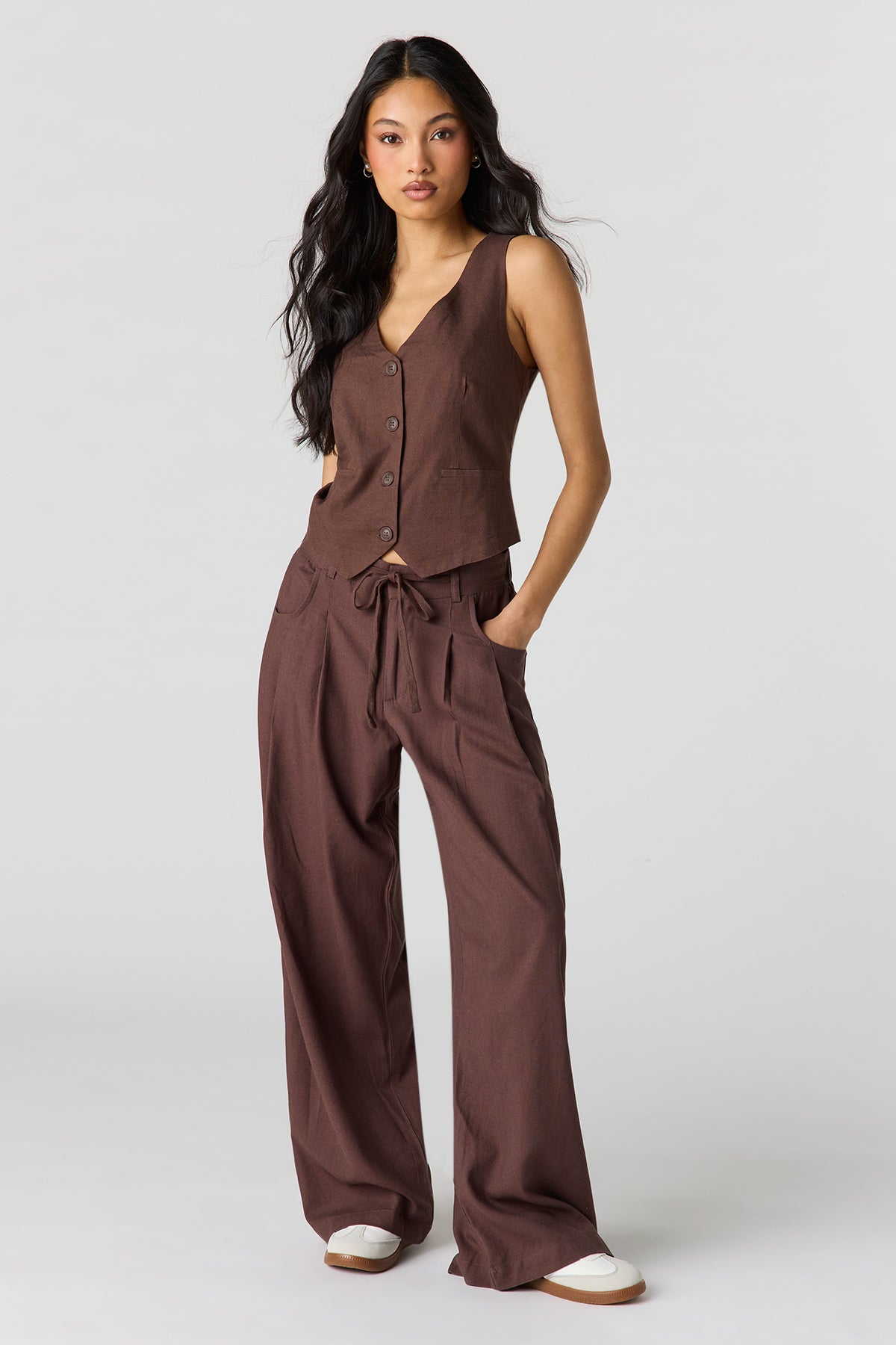 Linen-Blend Drawstring Trouser - Brown