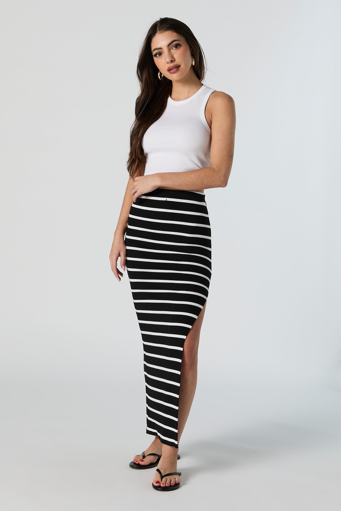 Contour Striped Ribbed Slit Maxi Skirt