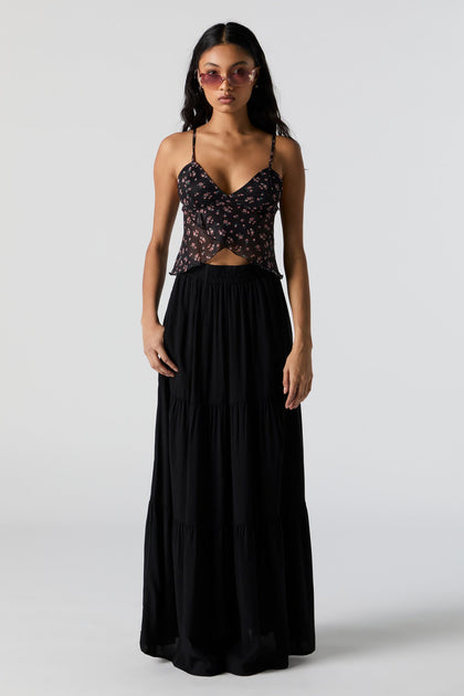 Black High Rise Tiered Maxi Skirt