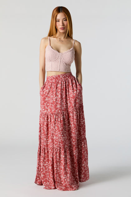 Red Floral High Rise Tiered Maxi Skirt
