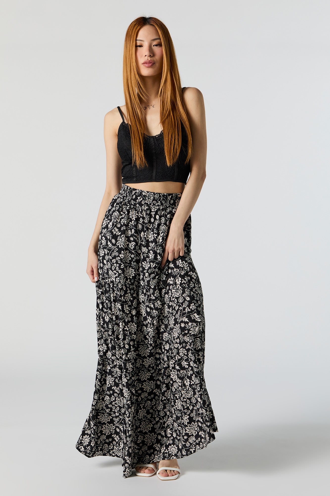 Floral High Rise Tiered Maxi Skirt