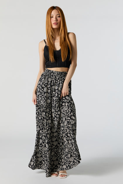 Black Floral High Rise Tiered Maxi Skirt