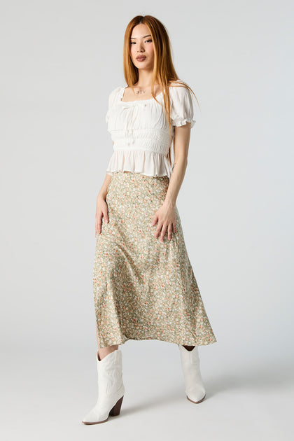 Green Floral Slit Midi Skirt