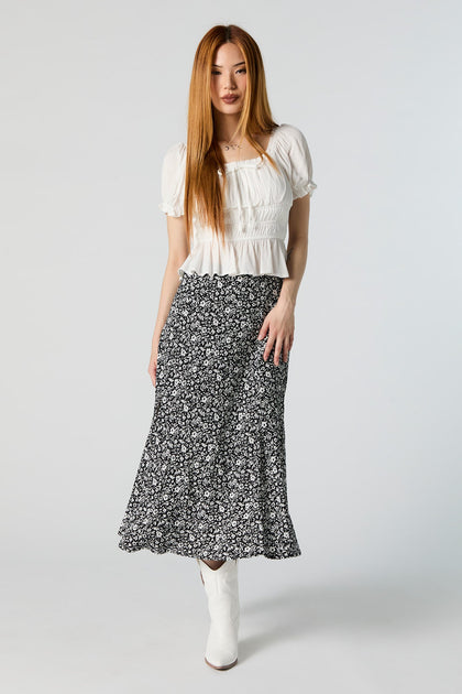 Black Floral Slit Midi Skirt