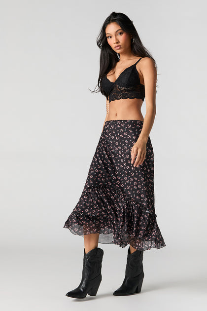 Floral Mesh Tiered Midi Skirt
