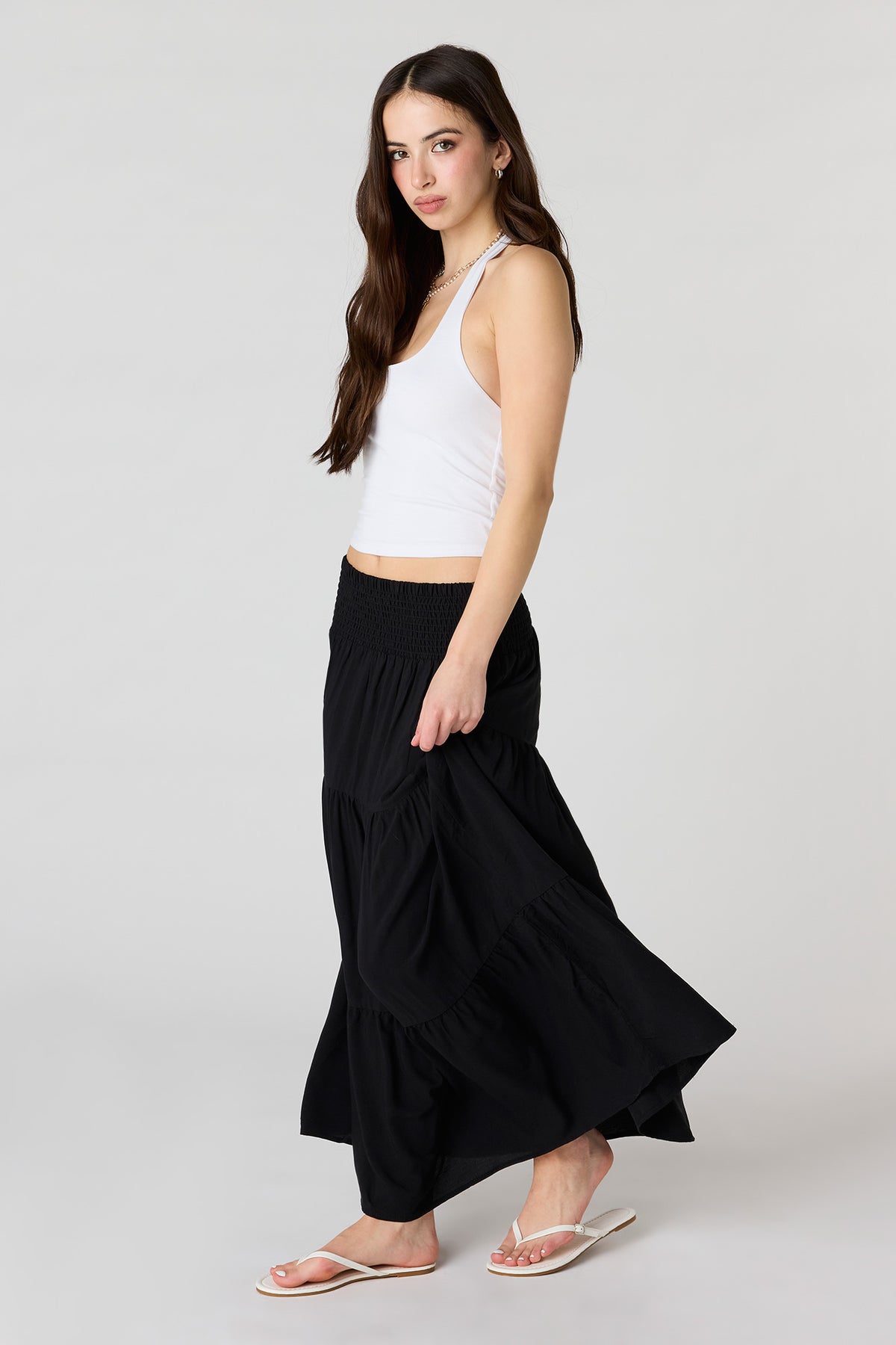 Alt View 2. Smocked Tiered Maxi Skirt - Black