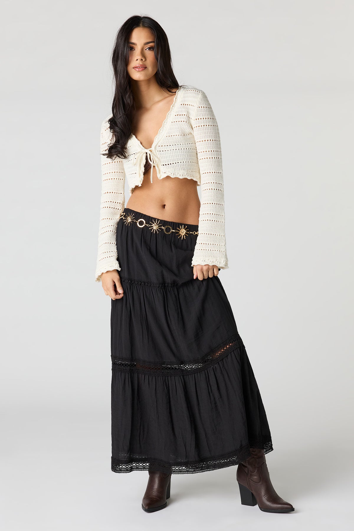 Crochet Trim Maxi Skirt - Black