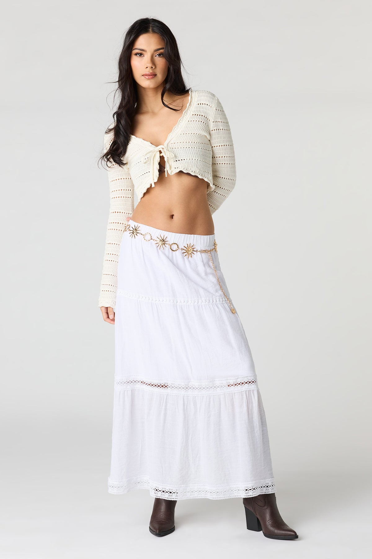 Alt View 4. Crochet Trim Maxi Skirt - White
