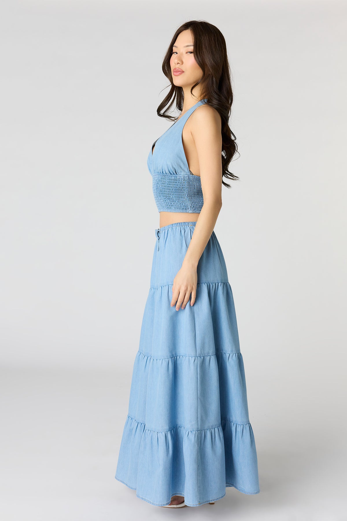 Alt View 2. Denim Tiered Maxi Skirt - Light Denim Blue