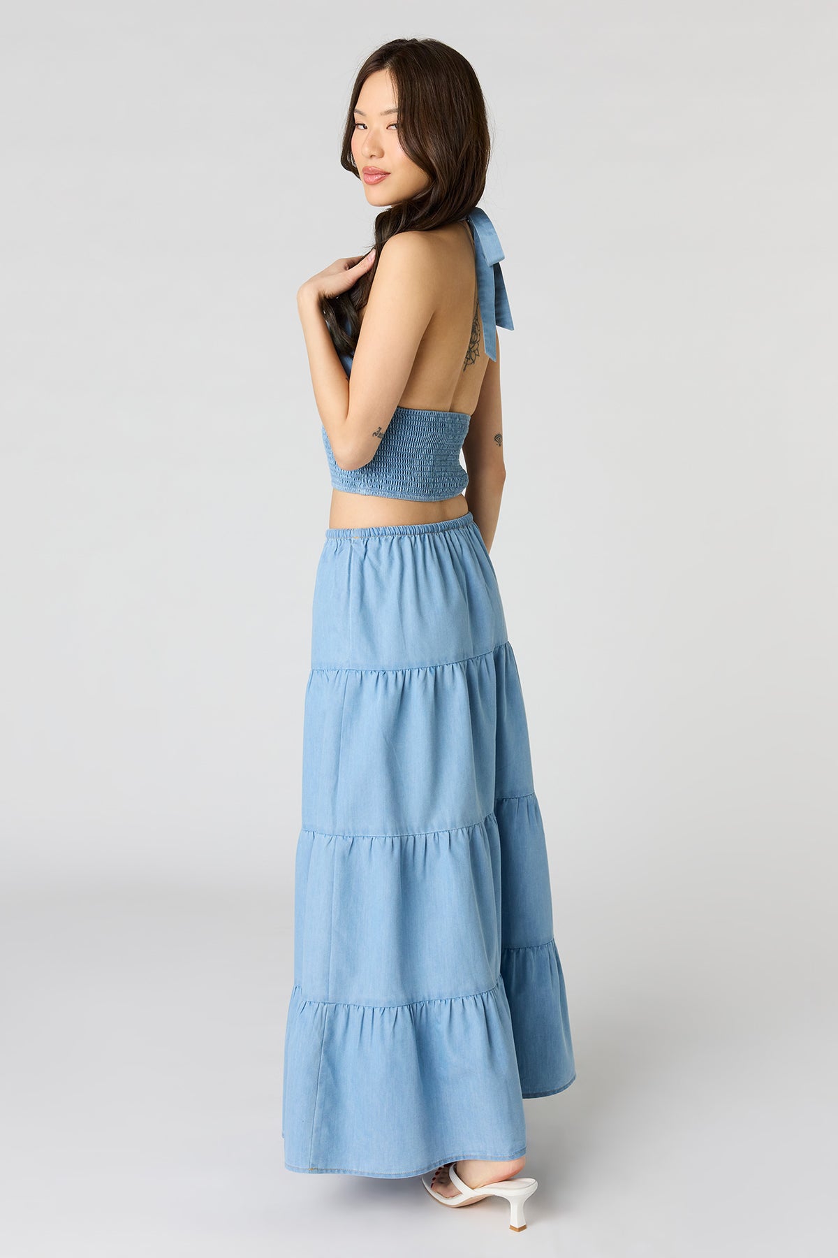 Alt View 3. Denim Tiered Maxi Skirt - Light Denim Blue