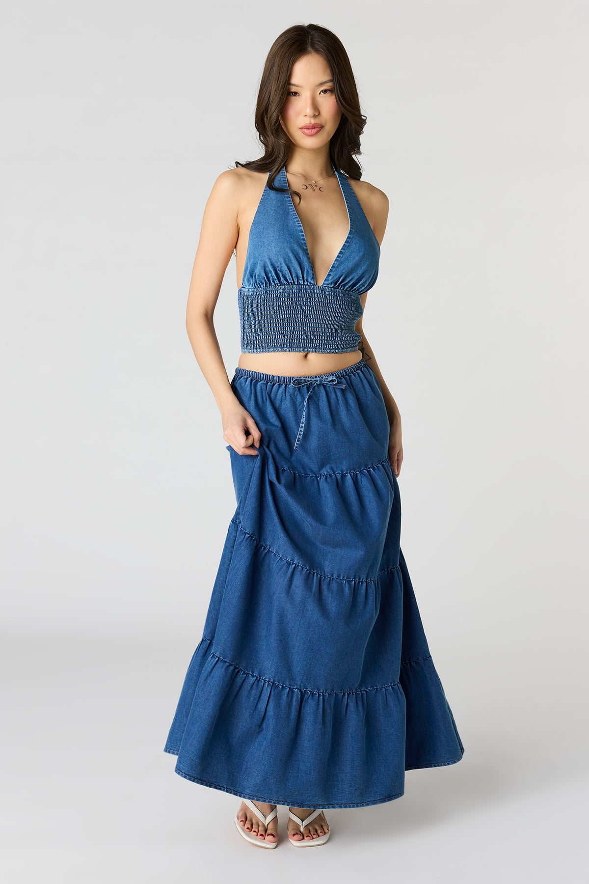 Denim Tiered Maxi Skirt - Medium Blue