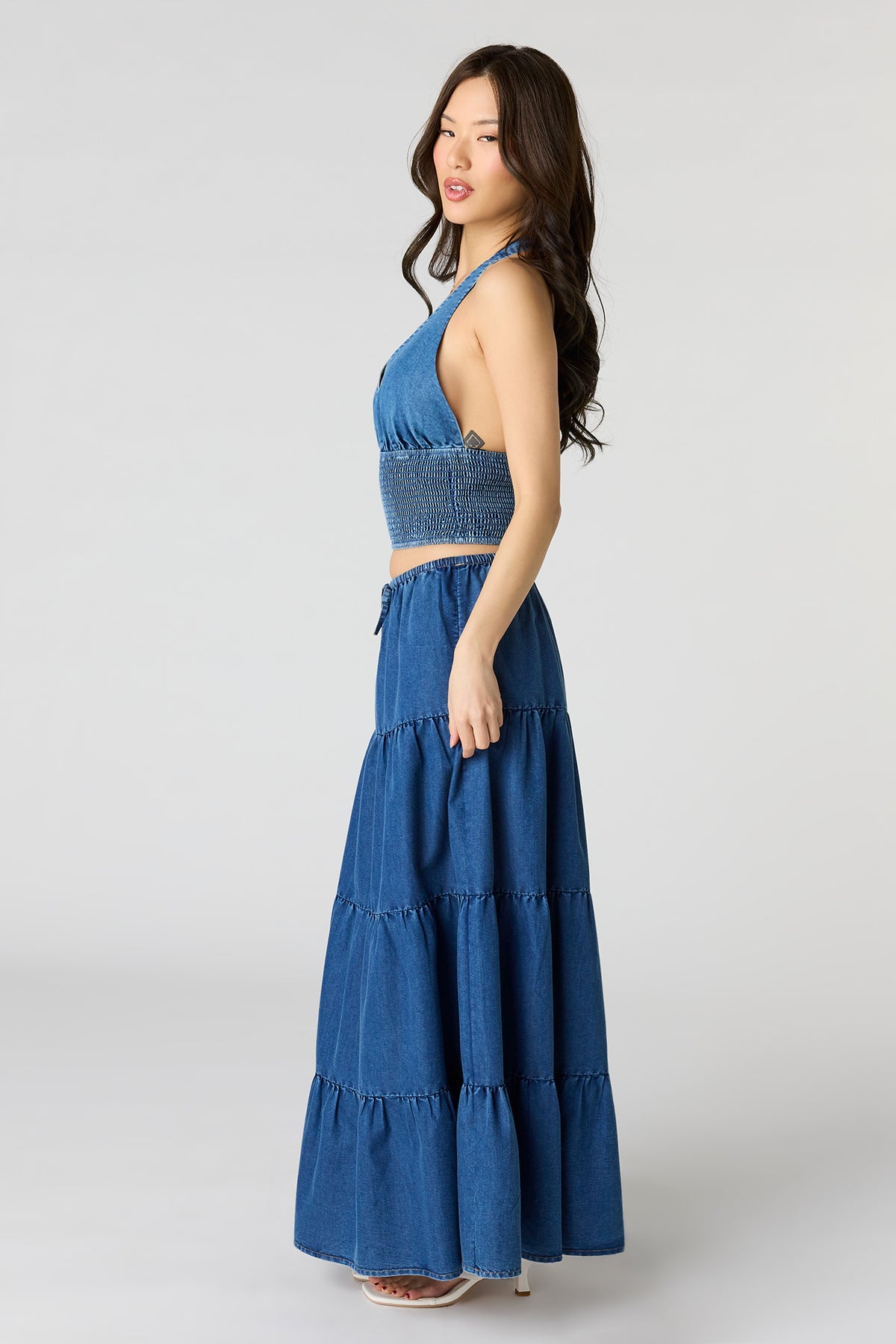 Alt View 2. Denim Tiered Maxi Skirt - Medium Blue
