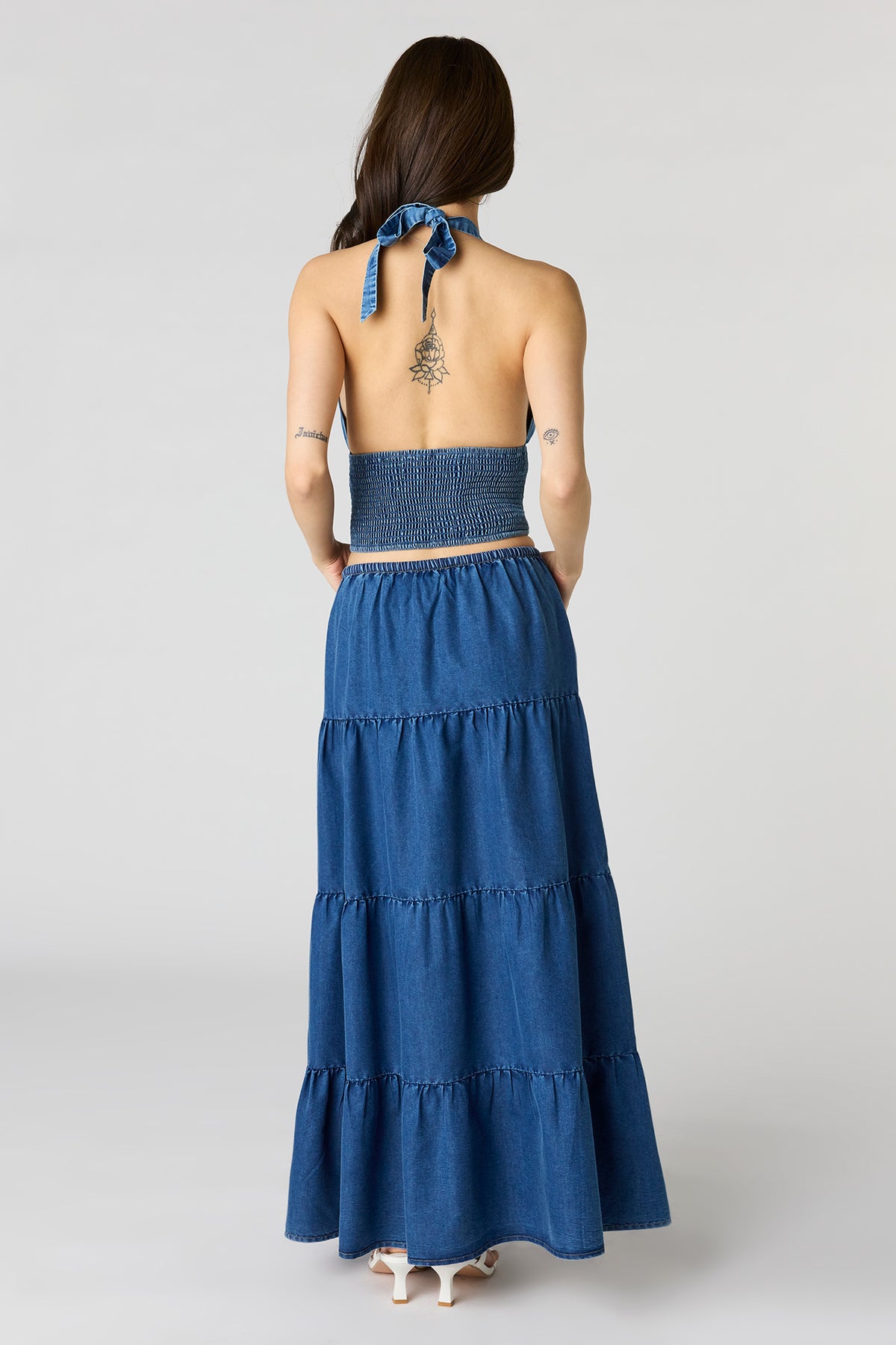 Alt View 3. Denim Tiered Maxi Skirt - Medium Blue
