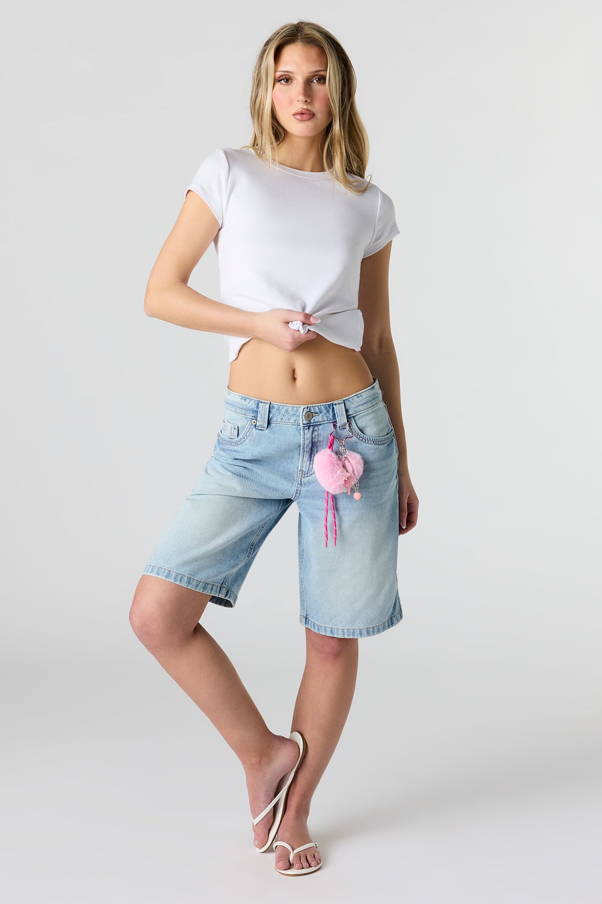 Low Rise Baggy Light Jort with Keychain - Light Denim Blue
