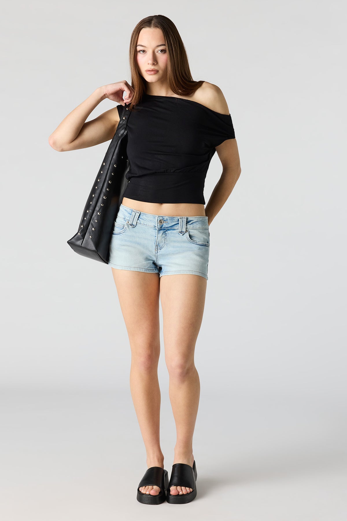 Alt View 3. Stretch Low Rise Micro Denim Short - Light Denim Blue