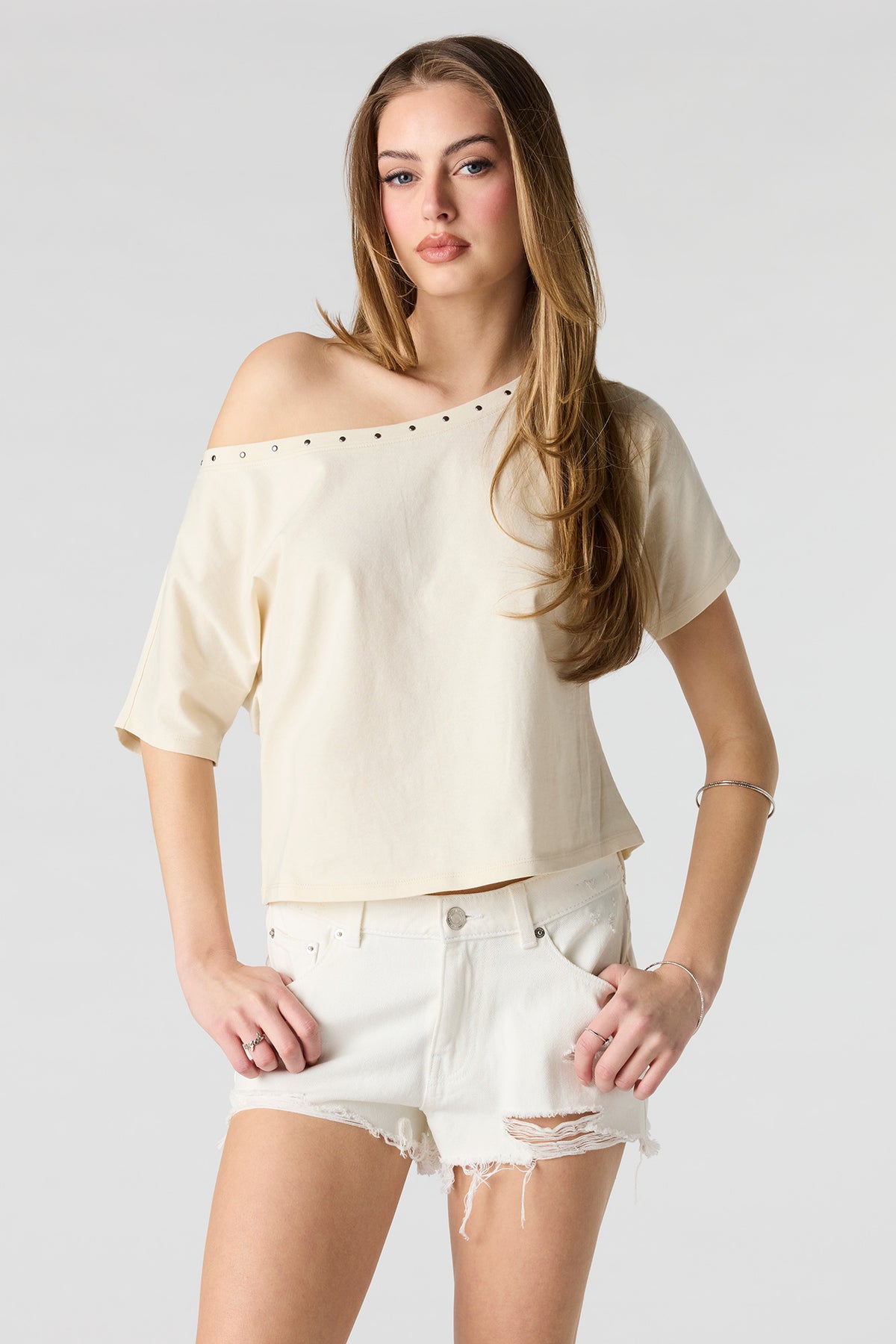 Chelsea Ripped High Rise White Denim Short - Eggshell