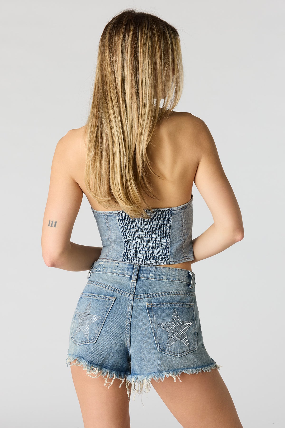 Alt View 6. Ripped High Rise Rhinestone Vintage Medium Denim Short - Pacific Blue