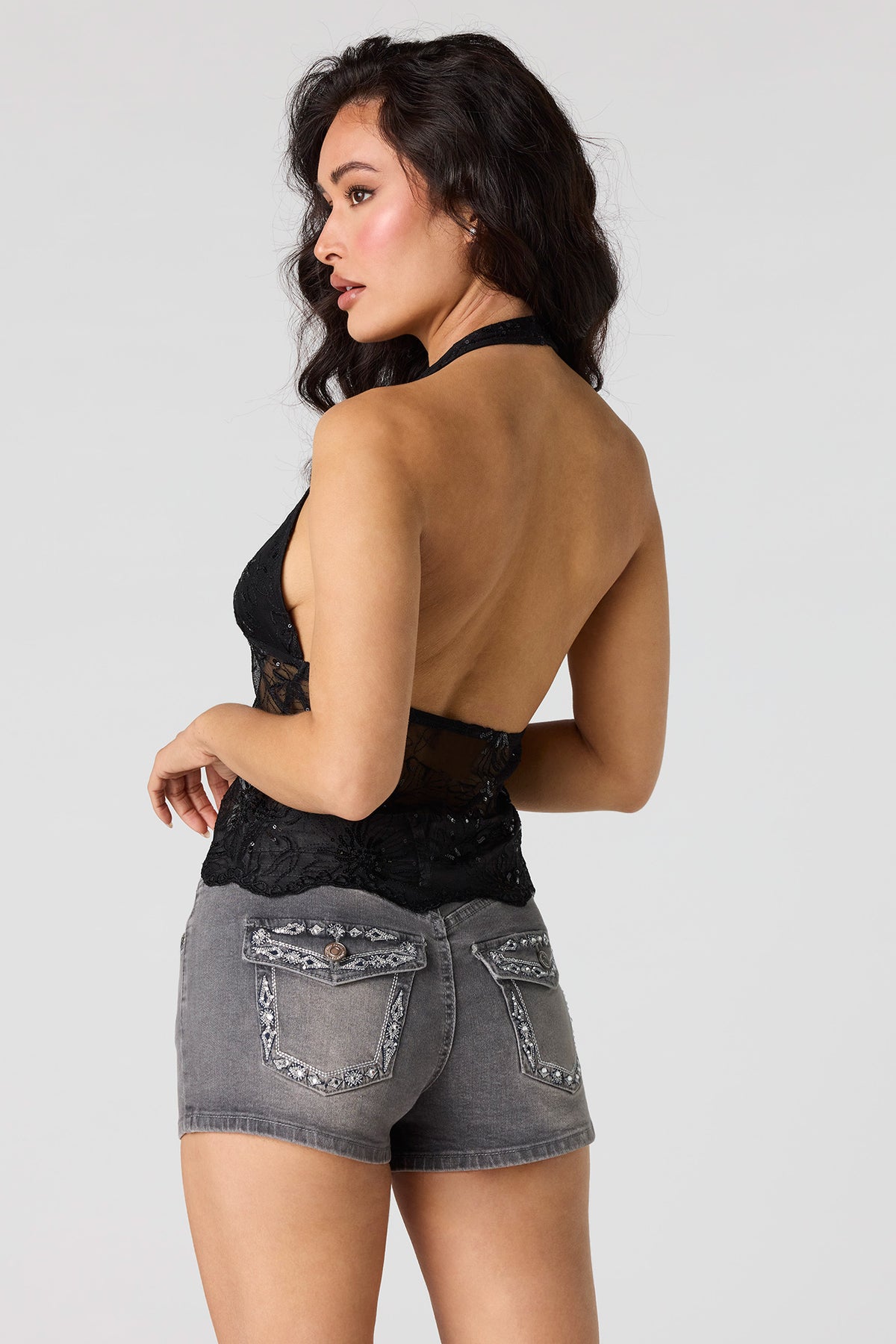 Alt View 2. Mid Rise Stretch Push Up Embroidered Short - Charcoal