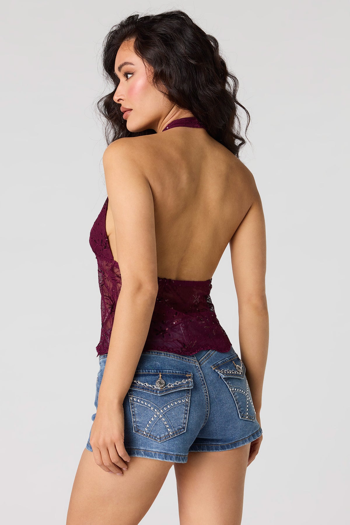 Alt View 2. Mid Rise Stretch Push Up Embroidered Short - Denim Blue