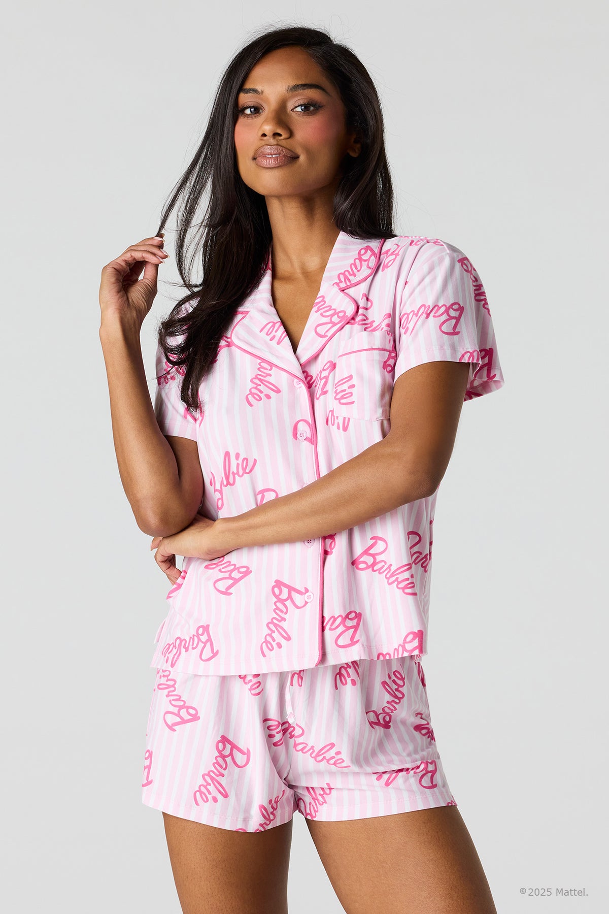 Barbie™ Button-Up Top & Short Pajama Set - Light Pink