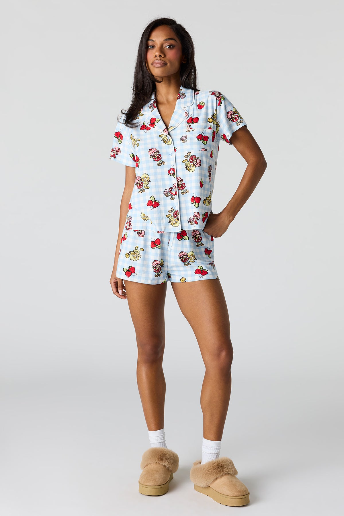 Alt View 3. Strawberry Shortcake Button-Up Top & Short Pajama Set - Light Blue