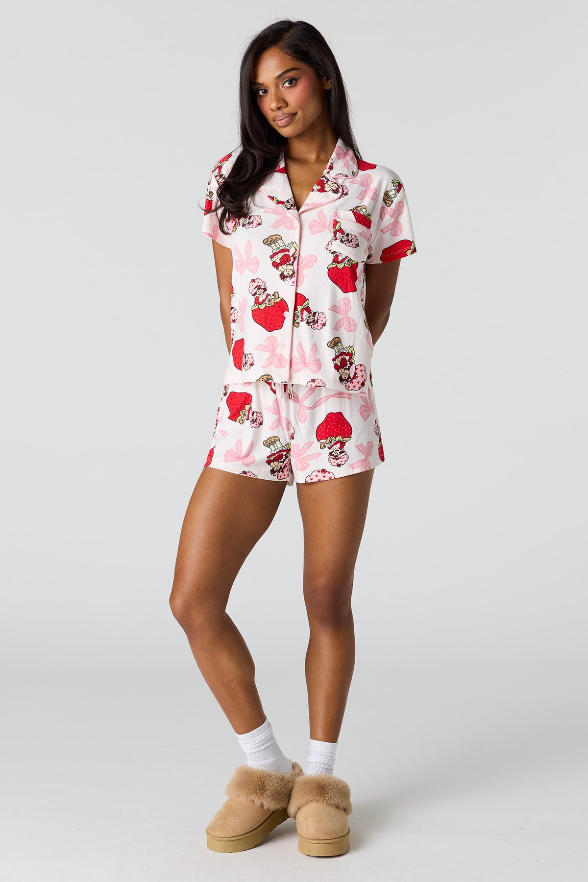 Alt View 3. Strawberry Shortcake Button-Up Top & Short Pajama Set - Pink