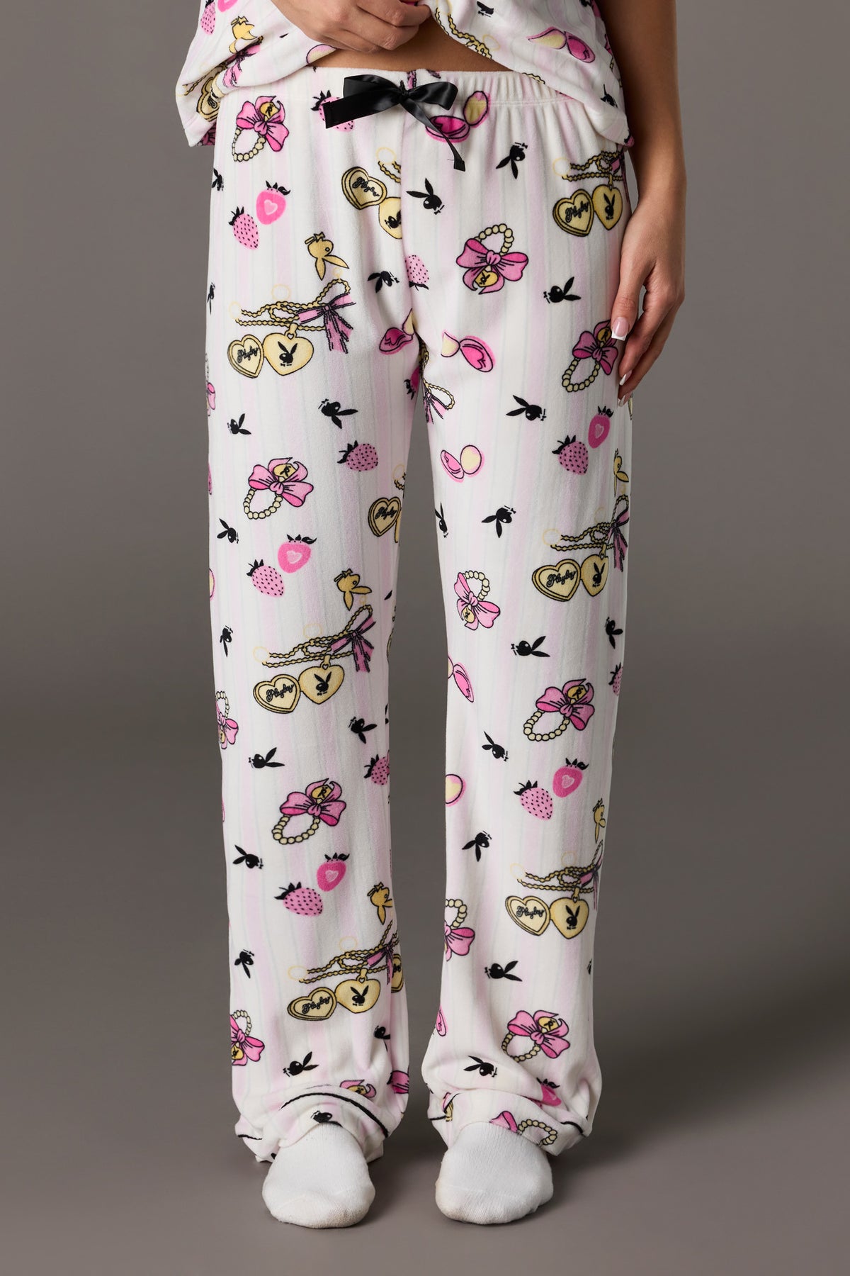 Alt View 3. Playboy Printed Velour Collared Top & Pant Pajama Set - White