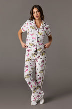 Playboy Printed Velour Collared Top & Pant Pajama Set