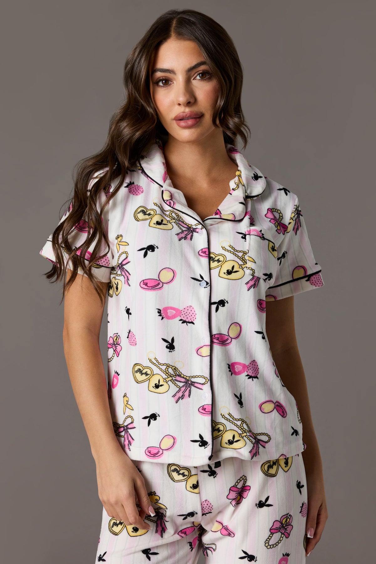 Alt View 2. Playboy Printed Velour Collared Top & Pant Pajama Set - White