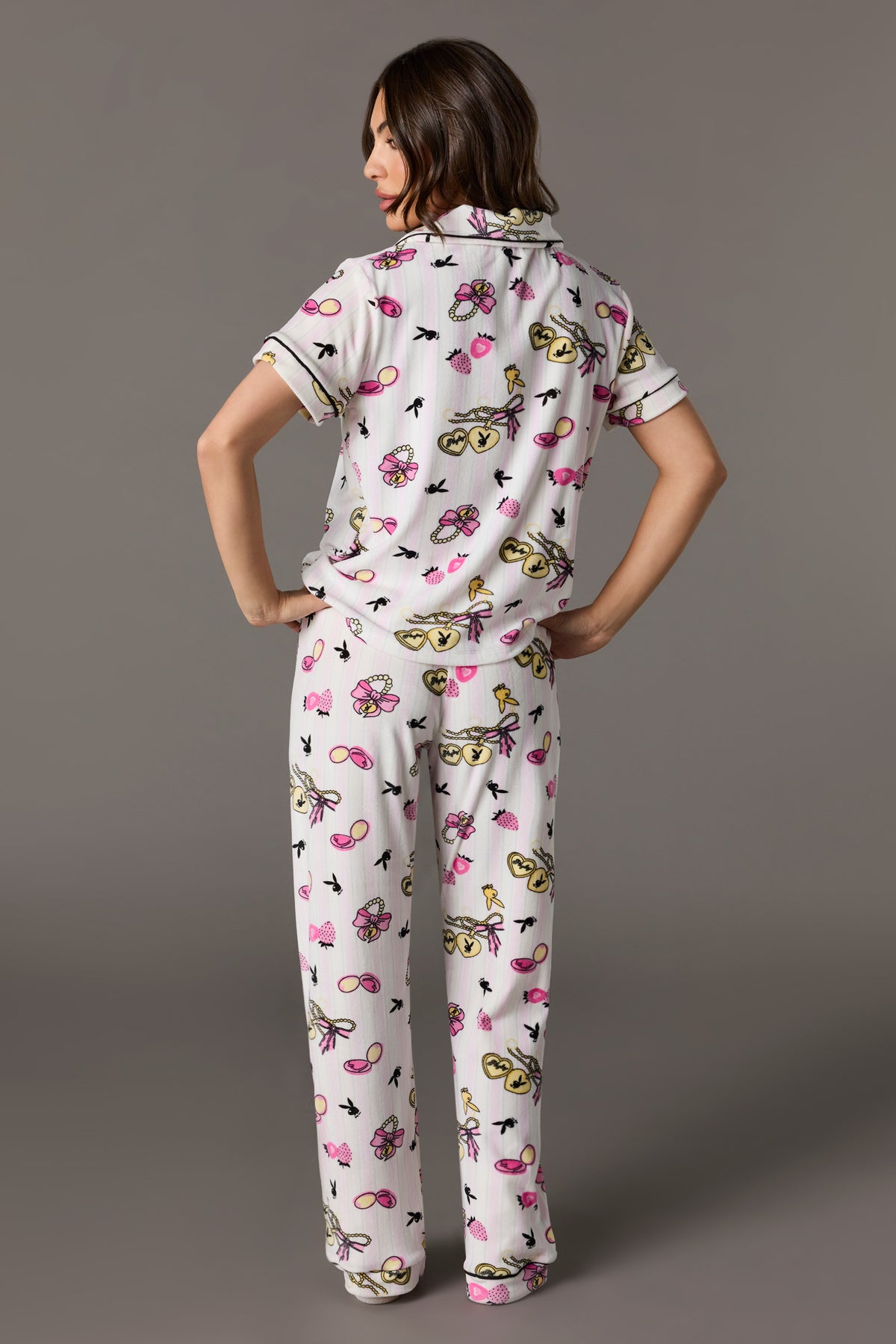 Alt View 4. Playboy Printed Velour Collared Top & Pant Pajama Set - White