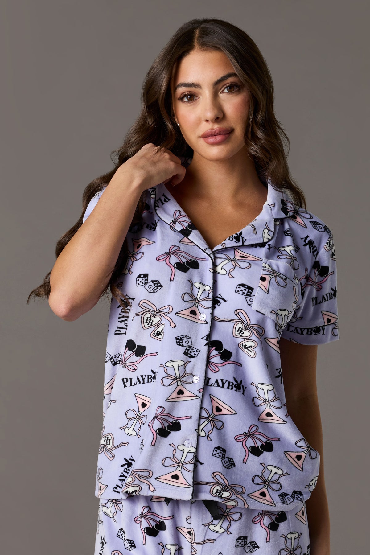 Alt View 2. Playboy Printed Velour Collared Top & Pant Pajama Set - Purple