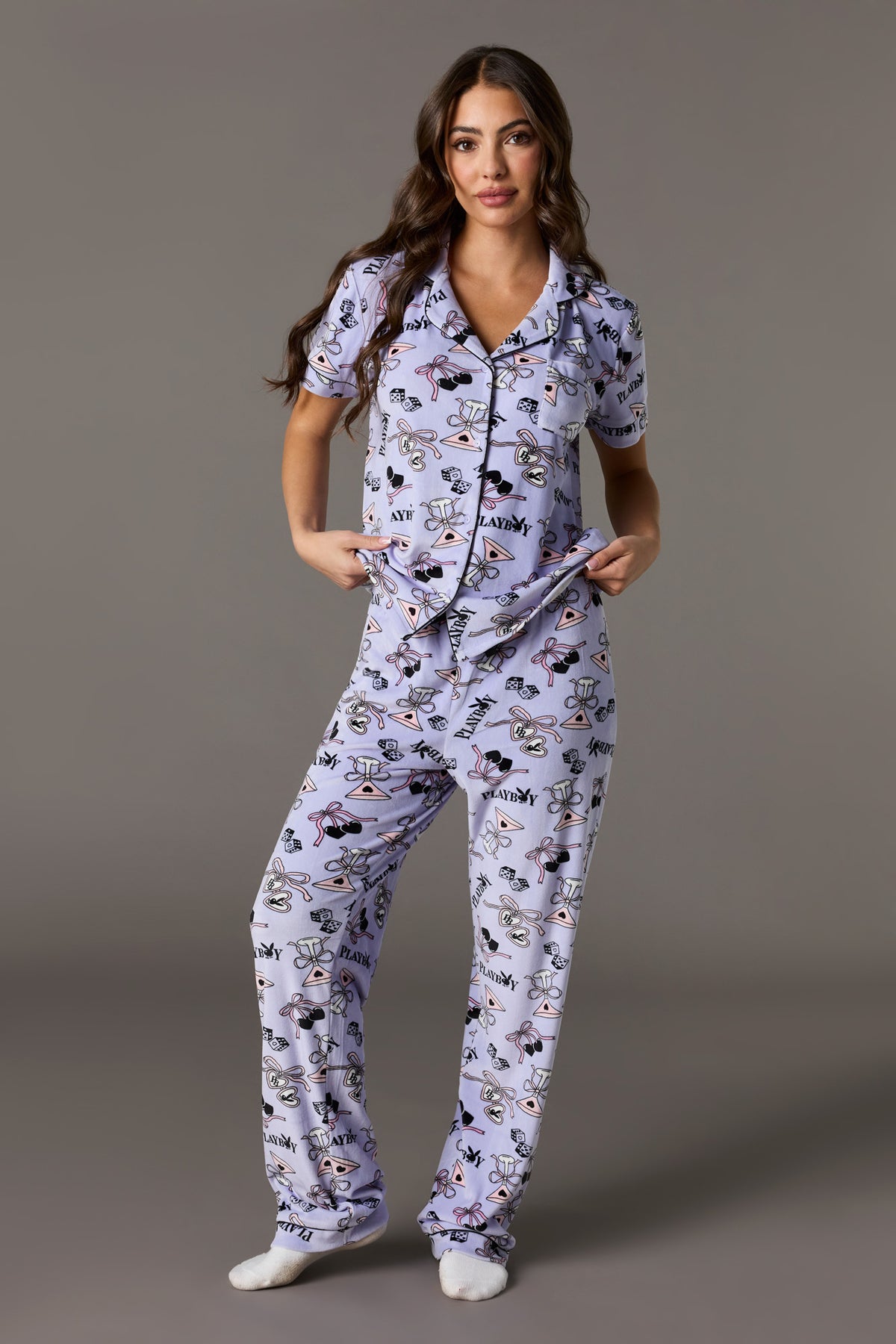 Playboy Printed Velour Collared Top & Pant Pajama Set - Purple