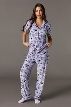 Playboy Printed Velour Collared Top & Pant Pajama Set