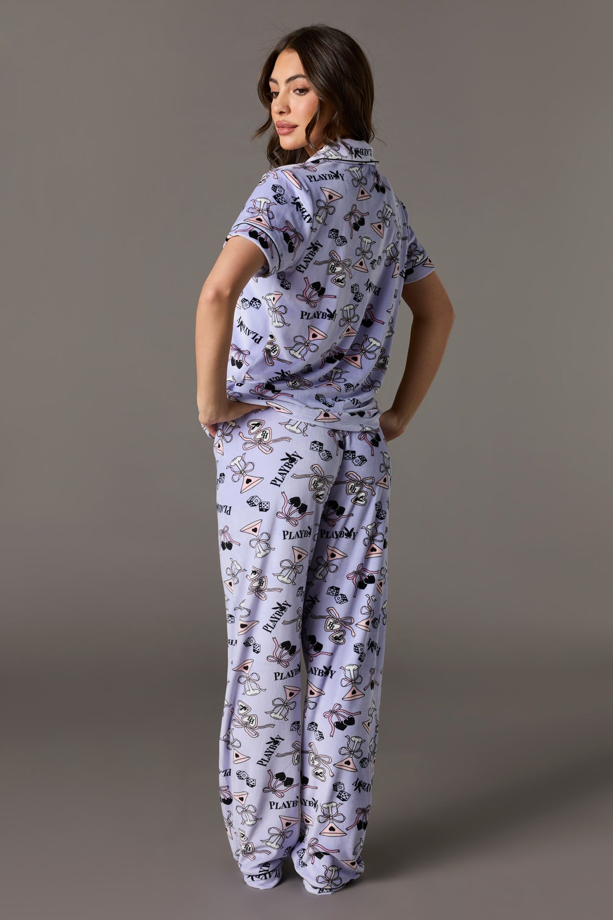 Alt View 4. Playboy Printed Velour Collared Top & Pant Pajama Set - Purple