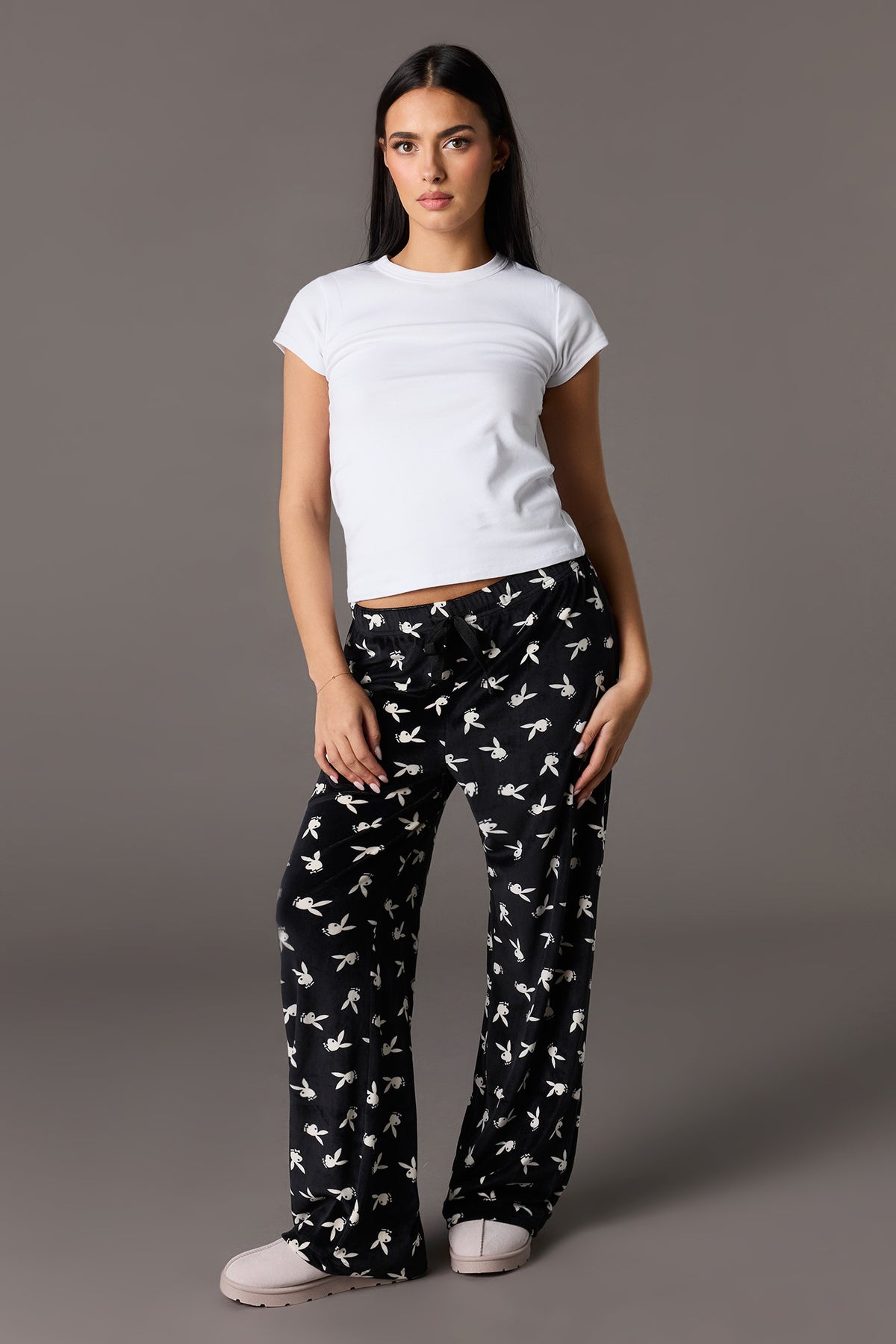 Playboy Velour Printed Pajama Pant - Black