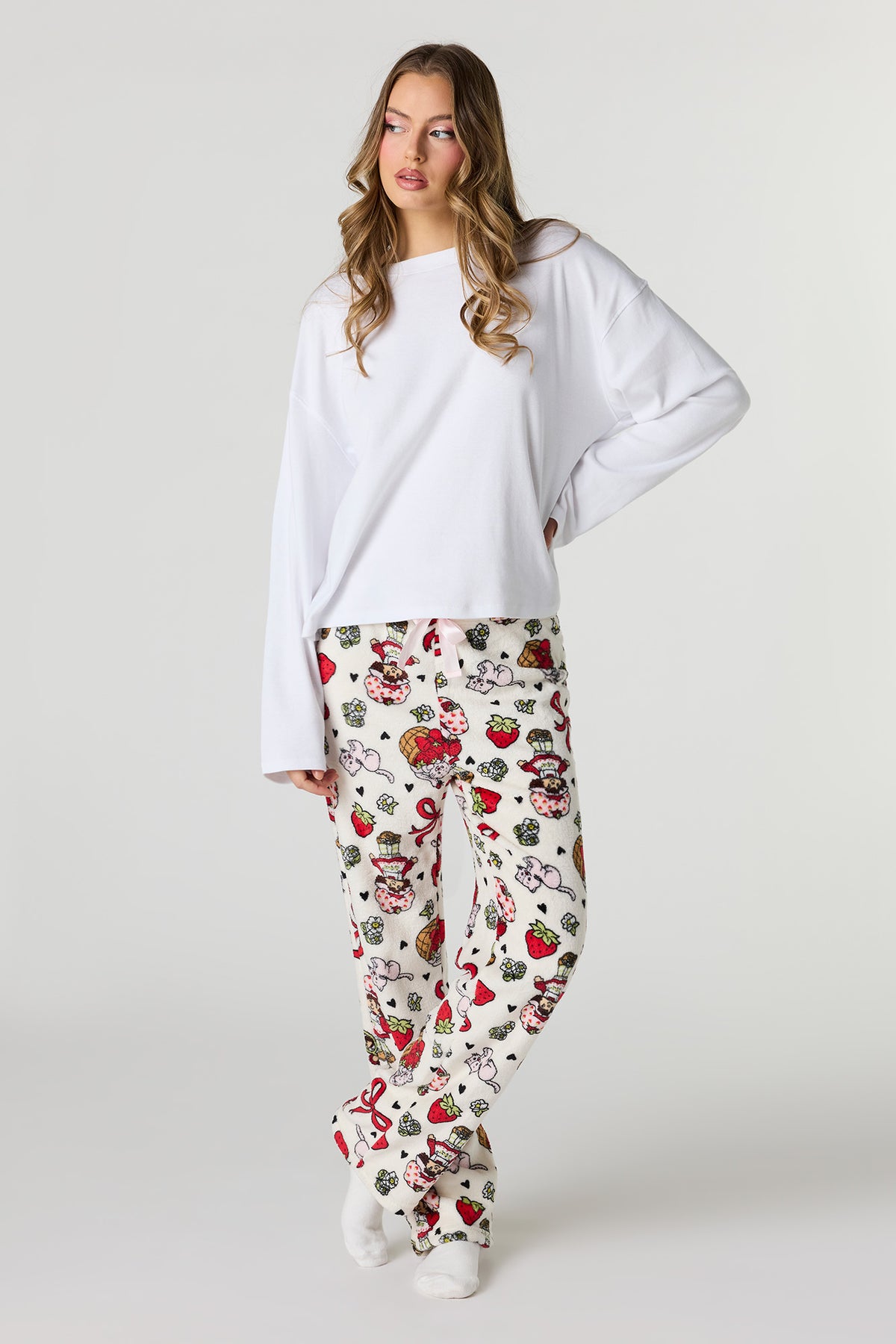 Strawberry Shortcake Print Plush Pajama Pant - Ivory