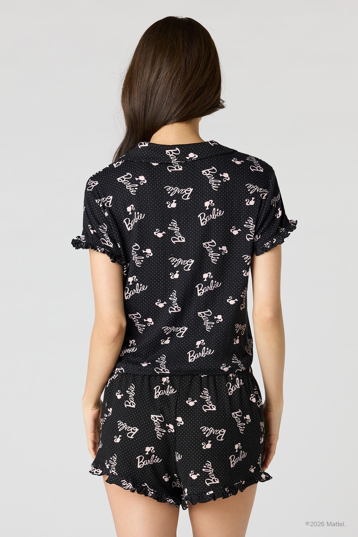 Alt View 2. Barbie™ Pointelle Button-Up Top & Short Pajama Set - Black