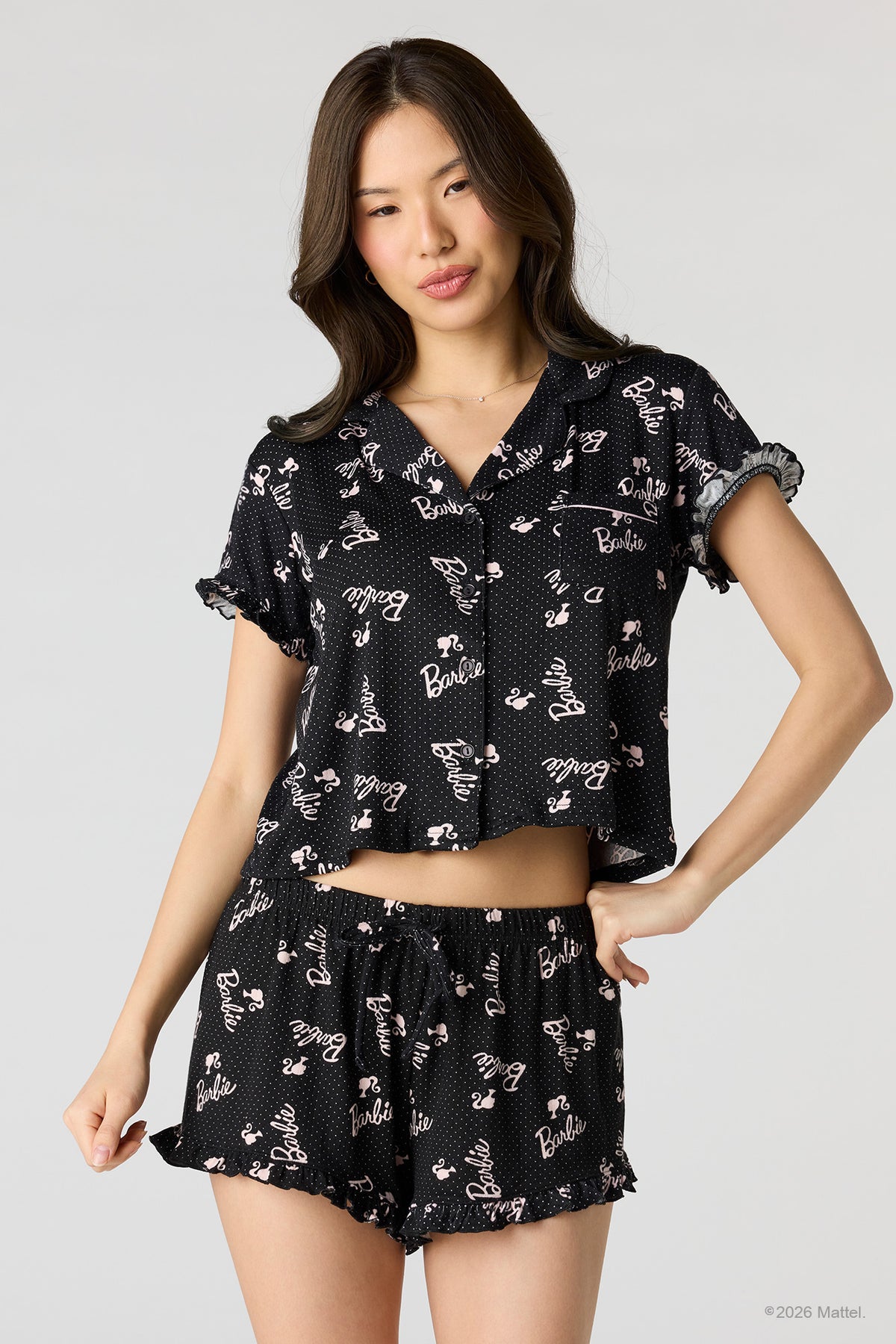 Barbie™ Pointelle Button-Up Top & Short Pajama Set - Black